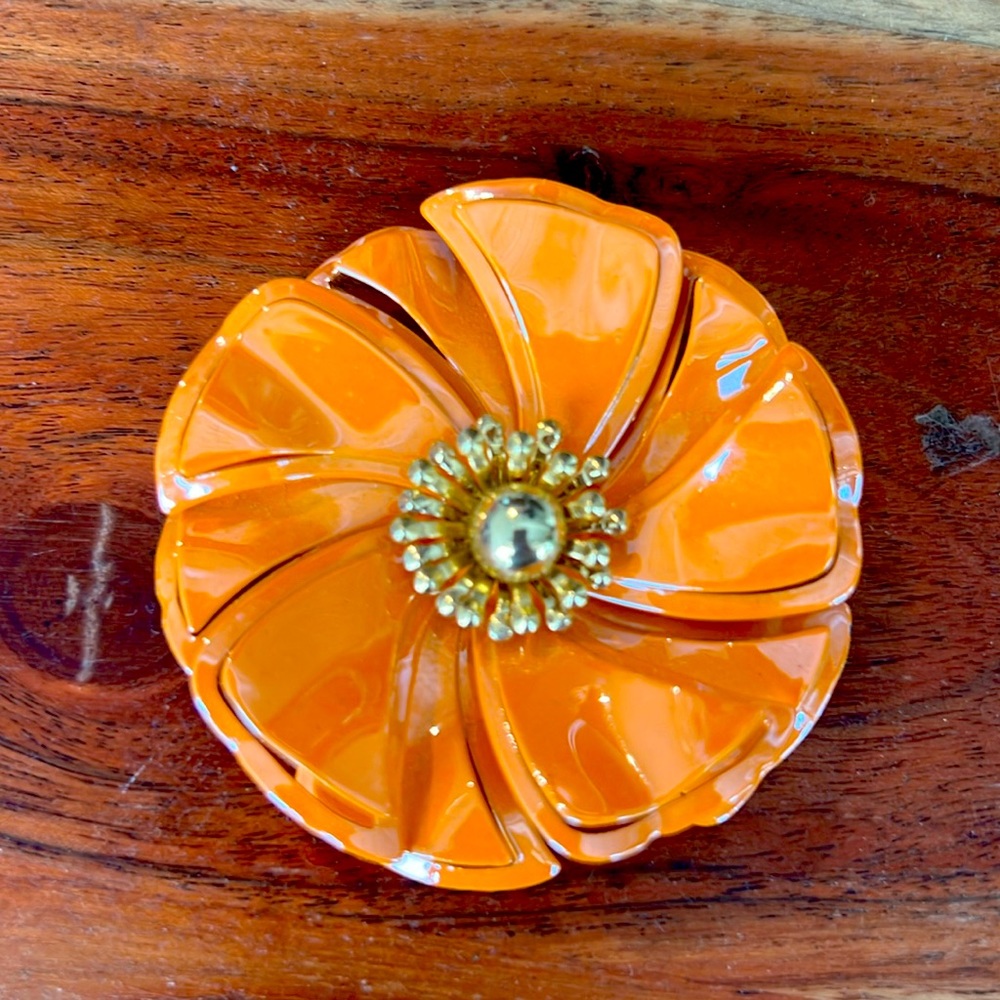 MCM Orange Enamel Metal Flower Pin